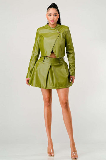 Athina Retail Button up Pu Leather Jacket and Skirt Set in Small - Set Jacket (layer)