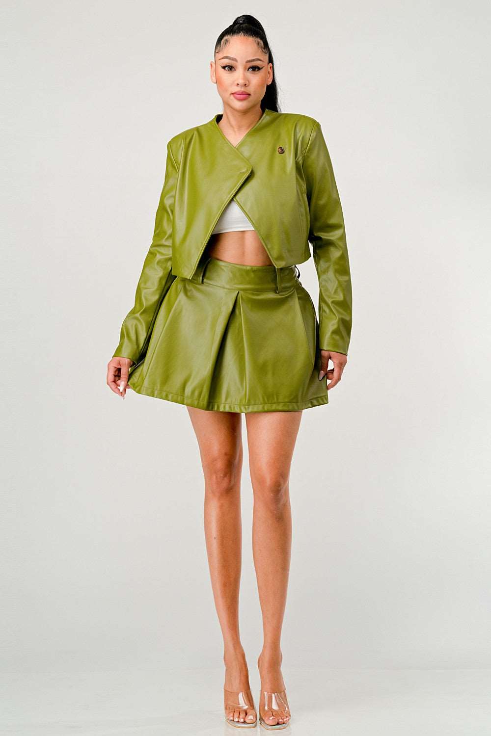 Athina Retail Button up Pu Leather Jacket and Skirt Set in Medium view 2 - Set Jacket (layer)