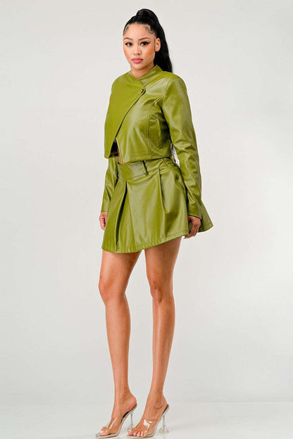Athina Retail Button up Pu Leather Jacket and Skirt Set view 6 - Set Jacket (layer)