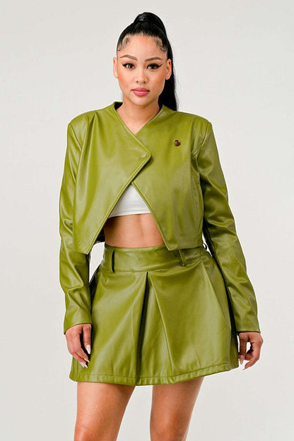 Athina Retail Button up Pu Leather Jacket and Skirt Set view 7 - Set Jacket (layer)