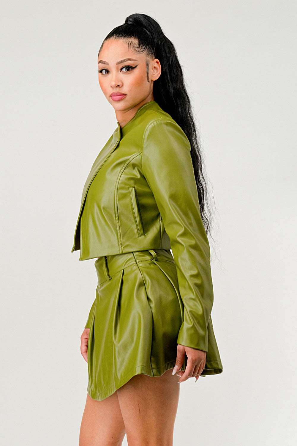 Athina Retail Button up Pu Leather Jacket and Skirt Set view 8 - Set Jacket (layer)