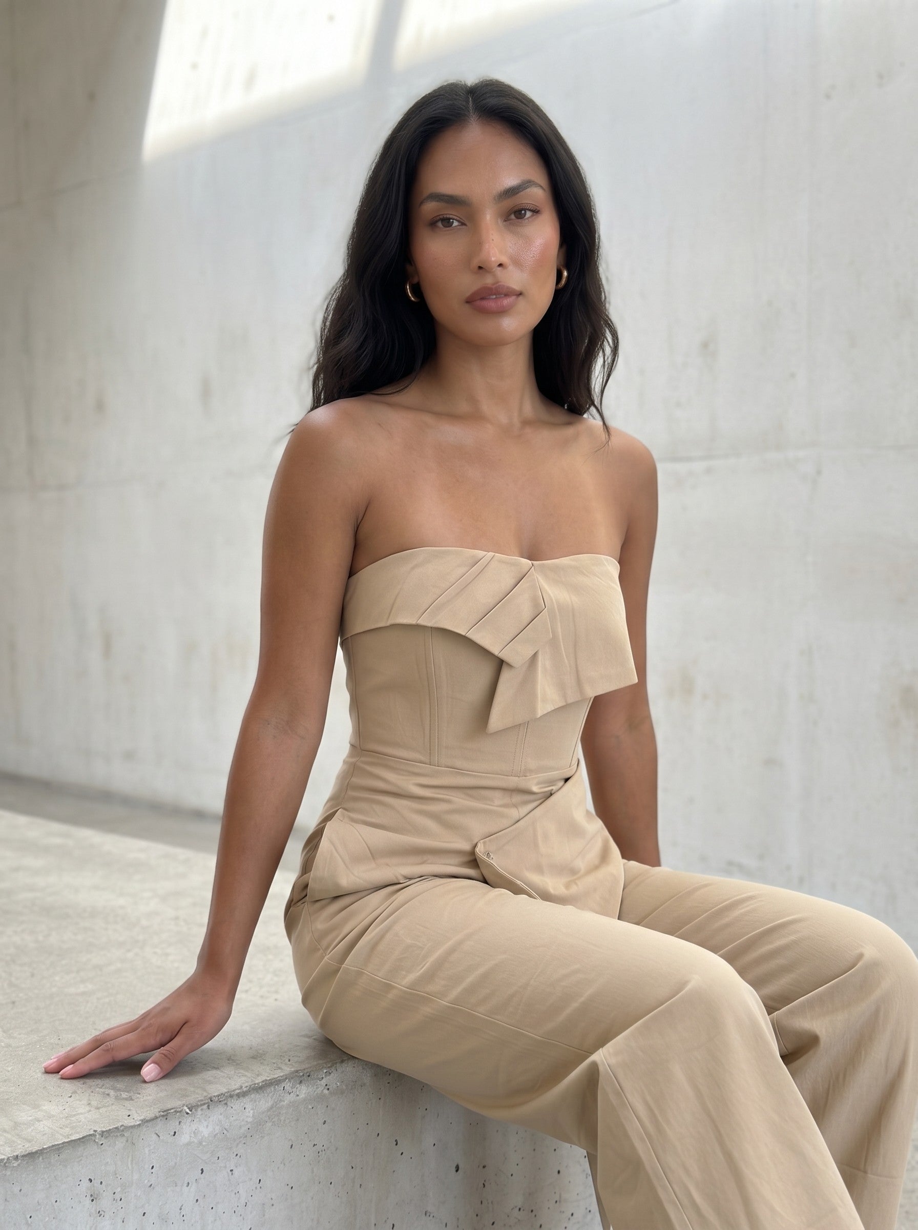 Athina Retail Camel Strapless Tailored Wide-leg Jumpsuit in Small - Camel Jumpsuits (one-piece)