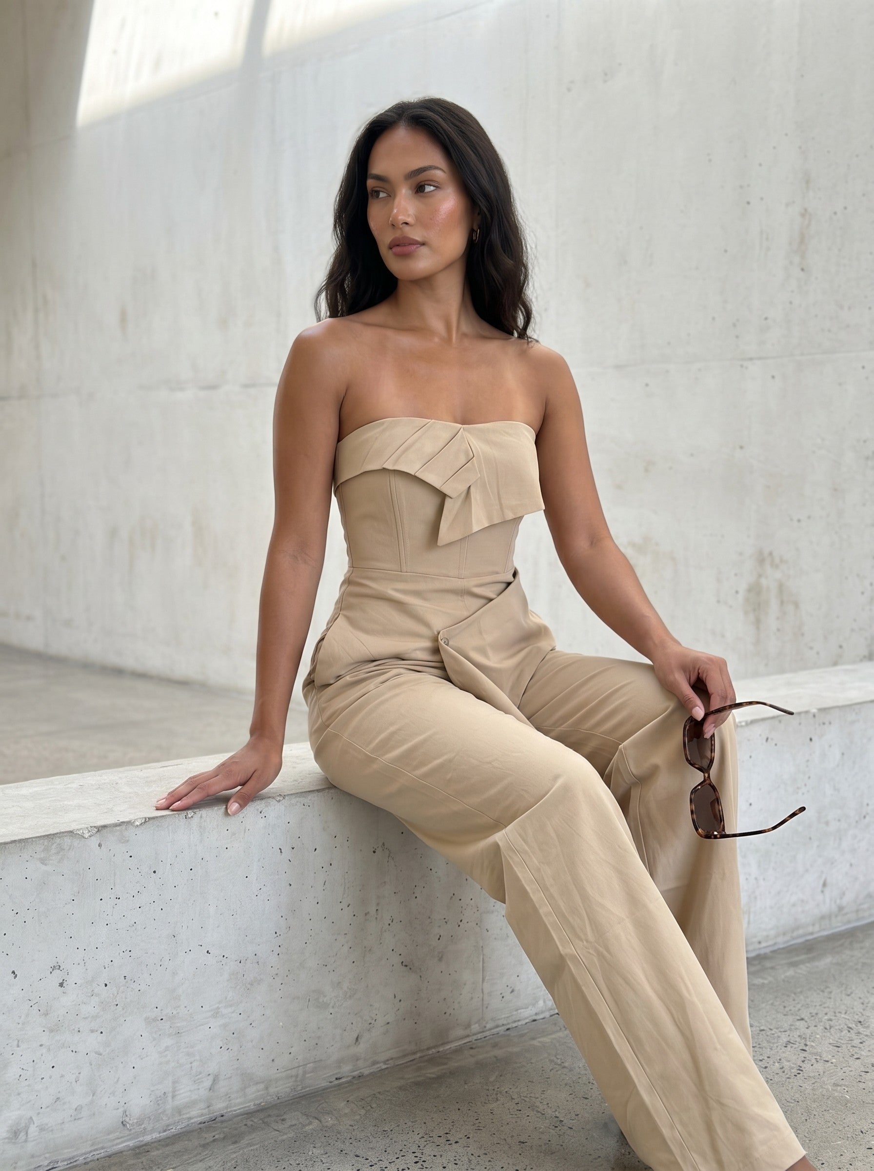 Athina Retail Camel Strapless Tailored Wide-leg Jumpsuit view 4 - Camel Jumpsuits (one-piece)