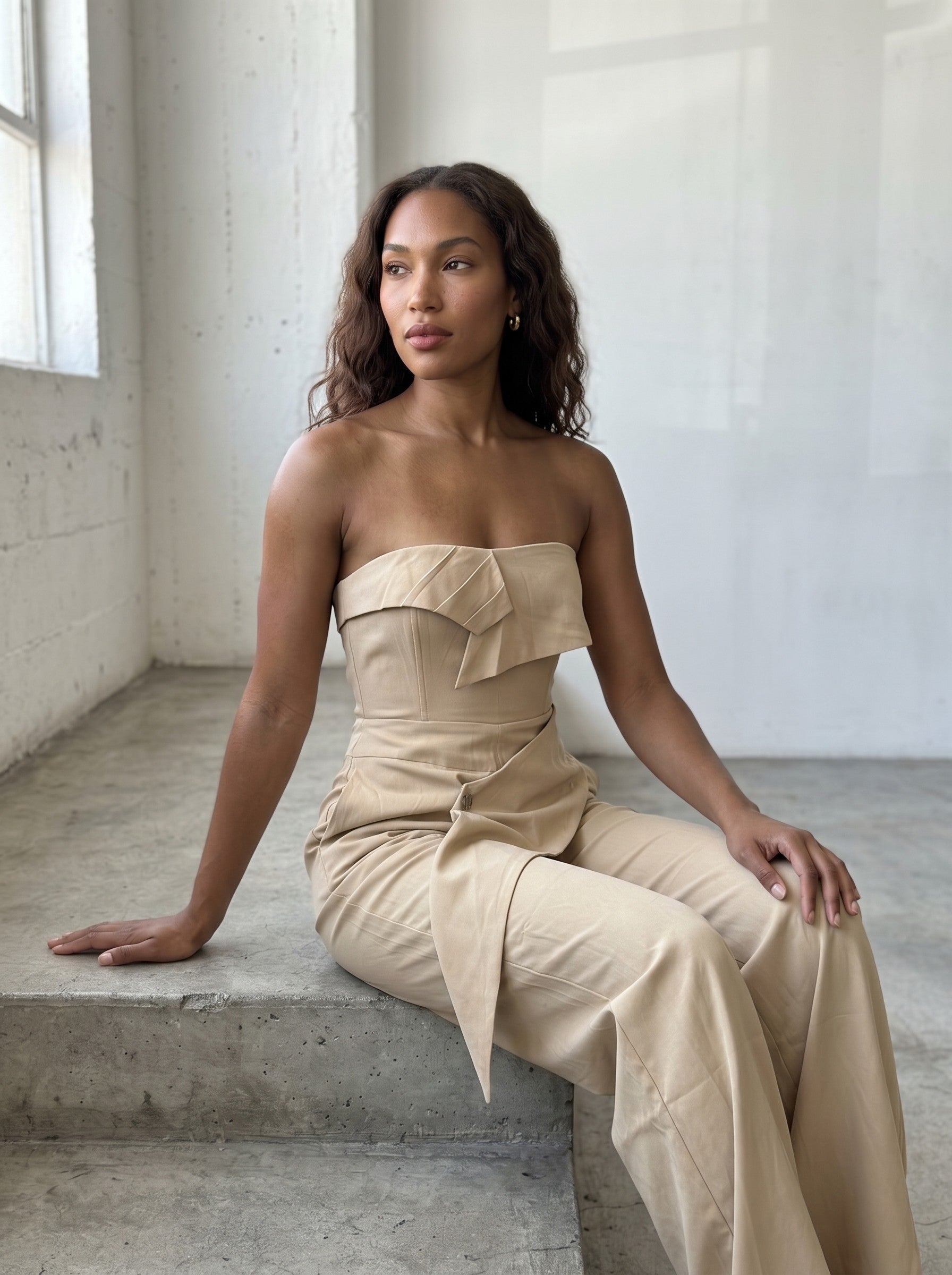 Athina Retail Camel Strapless Tailored Wide-leg Jumpsuit view 5 - Camel Jumpsuits (one-piece)