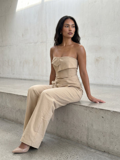 Athina Retail Camel Strapless Tailored Wide-leg Jumpsuit view 6 - Camel Jumpsuits (one-piece)