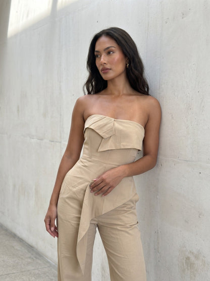 Athina Retail Camel Strapless Tailored Wide-leg Jumpsuit view 7 - Camel Jumpsuits (one-piece)