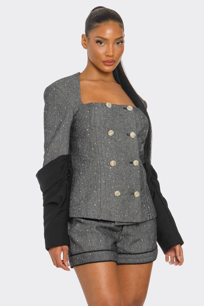 Athina Retail Double-breasted Tweed Blazer and Shorts Set view 4 - Casual Office Outfit - Tweed Blazer And Matching Shorts