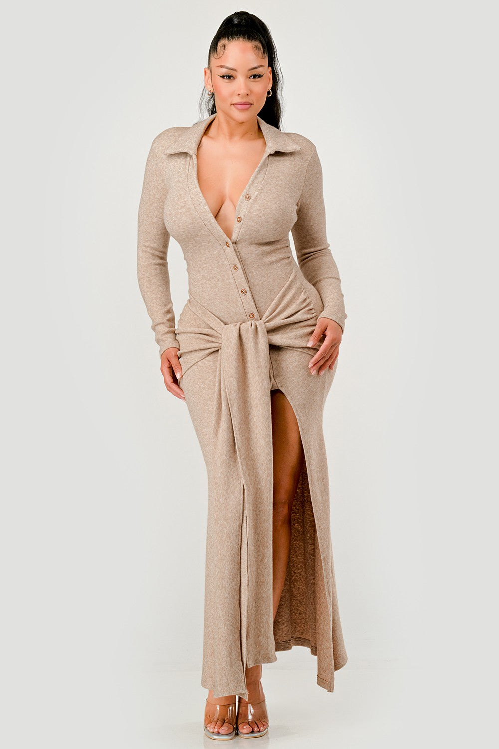 Athina Retail Knit Collar Tie Front Maxi Dress in S - Fall Wardrobe Essential - Knit Collar Dress Midi