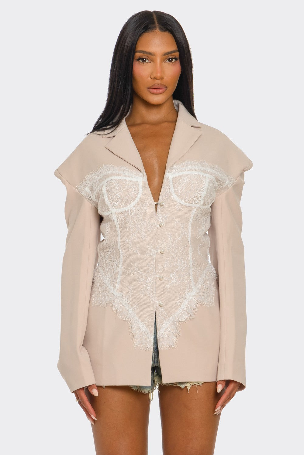 Athina Retail Lace Command Corset Blazer - Blush Nude in XL - Casual Office Outfit - Lace Collar Blazer (layer)