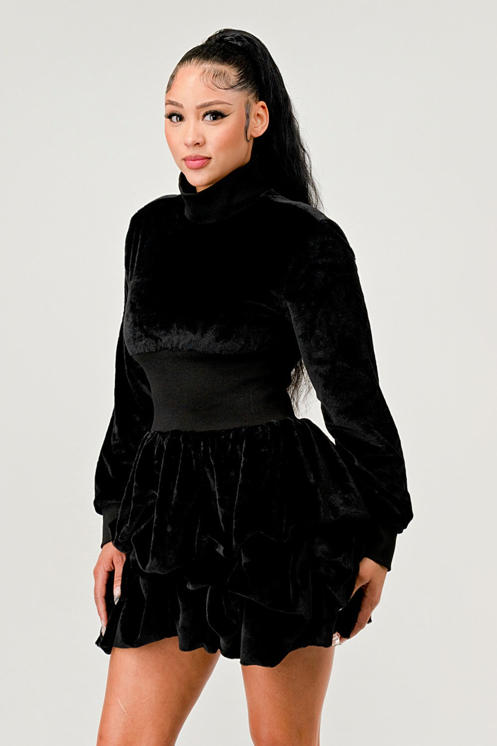 Athina Retail Merry Go Around Ruffle Long Sleeve Dress in Black view 3 - Long Dress