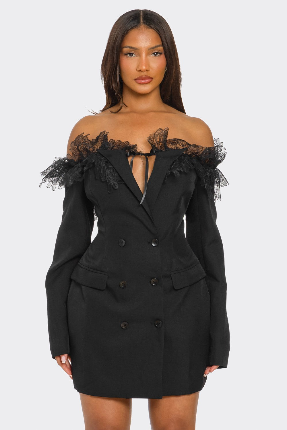 Athina Retail Off-shoulder Lace Blazer Dress in S view 2 - Casual Office Outfit - Off Shoulder Blazer Dress