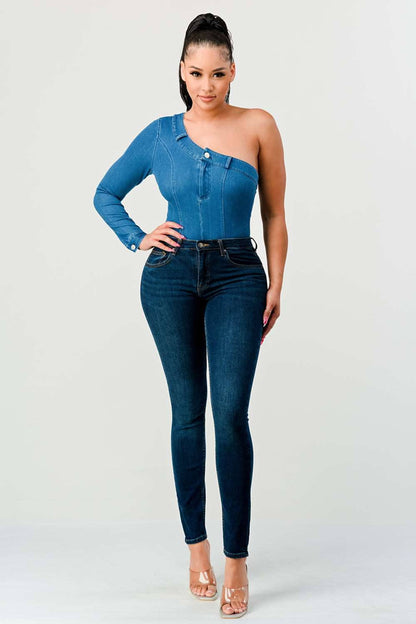 Athina Retail One Should Denim Body Suit in Small - One Shoulder Suit (bottom)