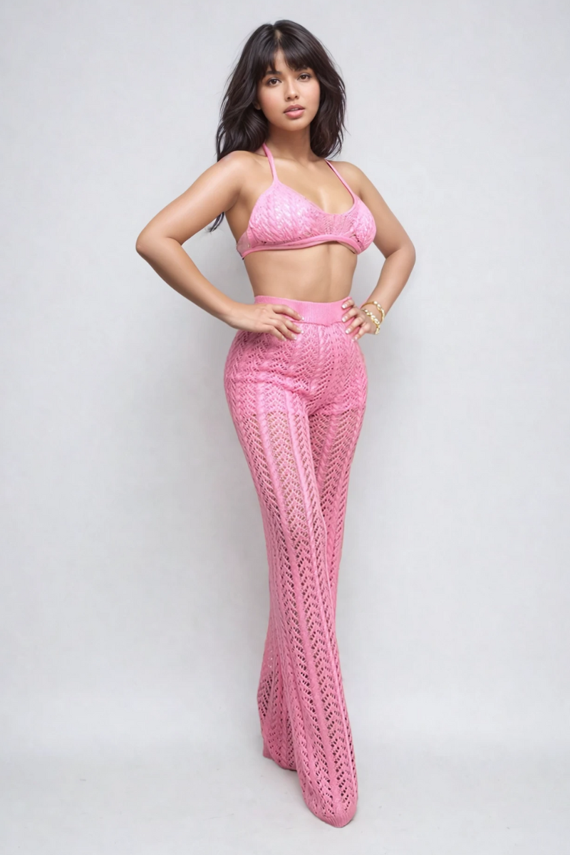 Athina Retail Pink Crochet Halter & Pant Set in L view 3 - Pink Crochet Set Women (bottom)