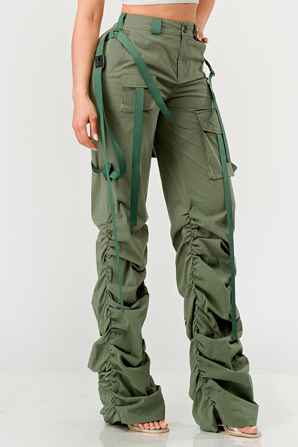 Athina Retail Ruched Utility Elegance Pants in OLIVE view 3 (bottom)