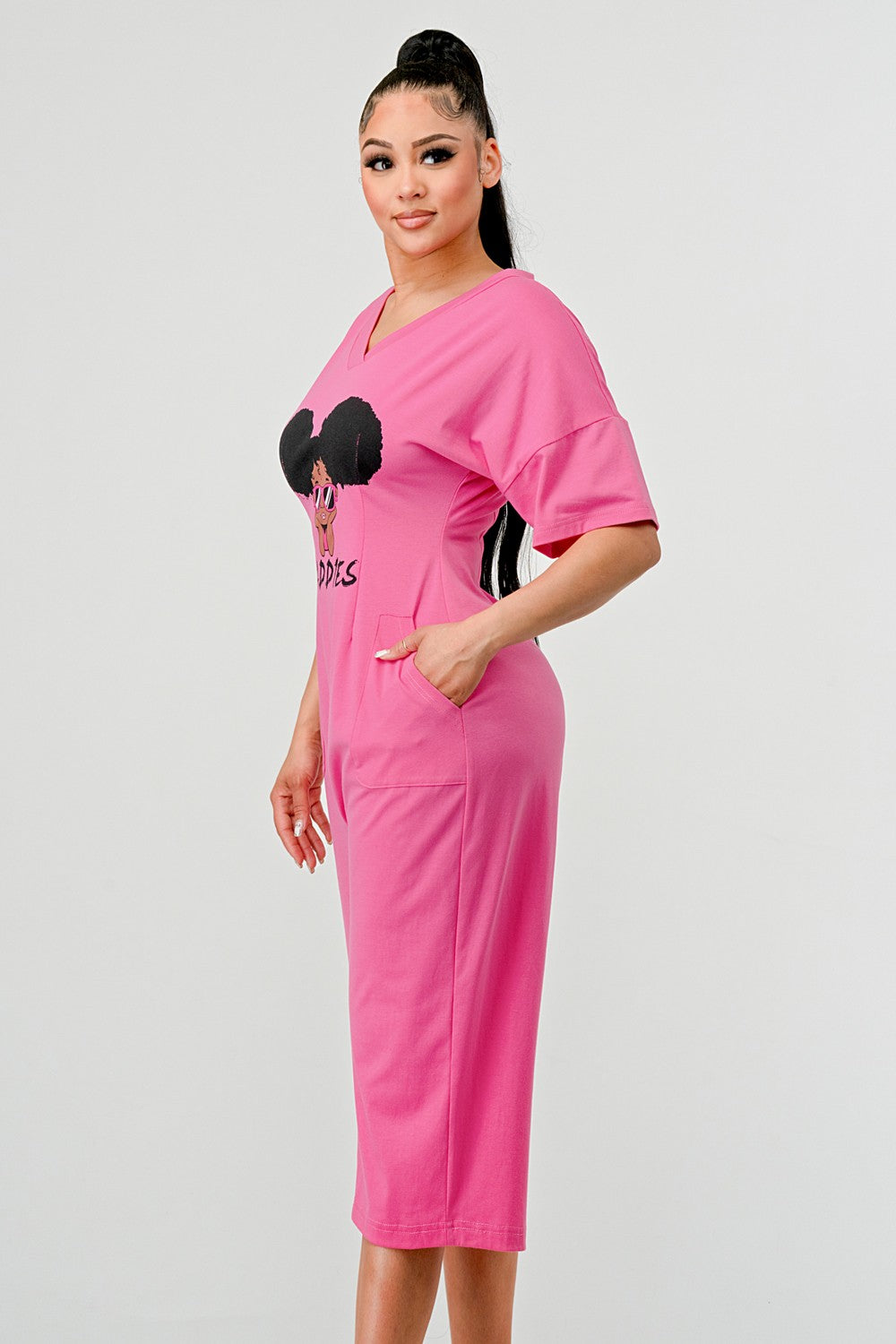 Athina Retail Sassy Chic: Bubblegum Pink Graphic Baddies Jumpsuit Pajamas view 7 - Sassy Classy Jumpsuit (one-piece)