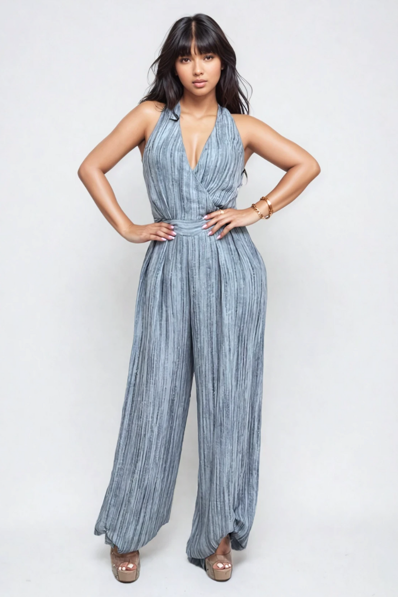 Athina Retail Skyline Pleated Halter Jumpsuit – Slate Blue in M view 2 - Blue Jumpsuit (one-piece)