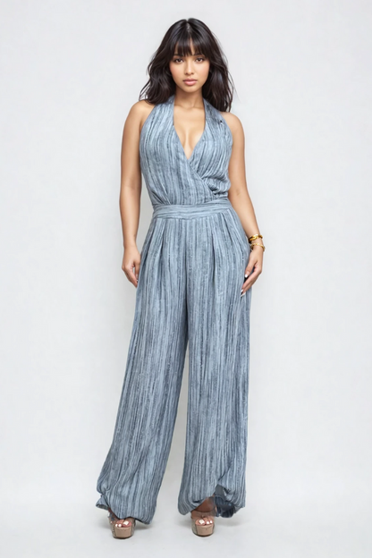 Athina Retail Skyline Pleated Halter Jumpsuit – Slate Blue in L view 3 - Blue Jumpsuit (one-piece)
