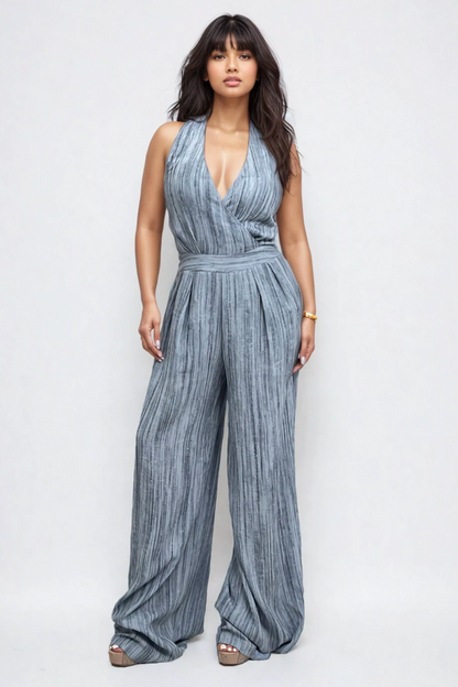 Athina Retail Skyline Pleated Halter Jumpsuit – Slate Blue view 4 - Blue Jumpsuit (one-piece)