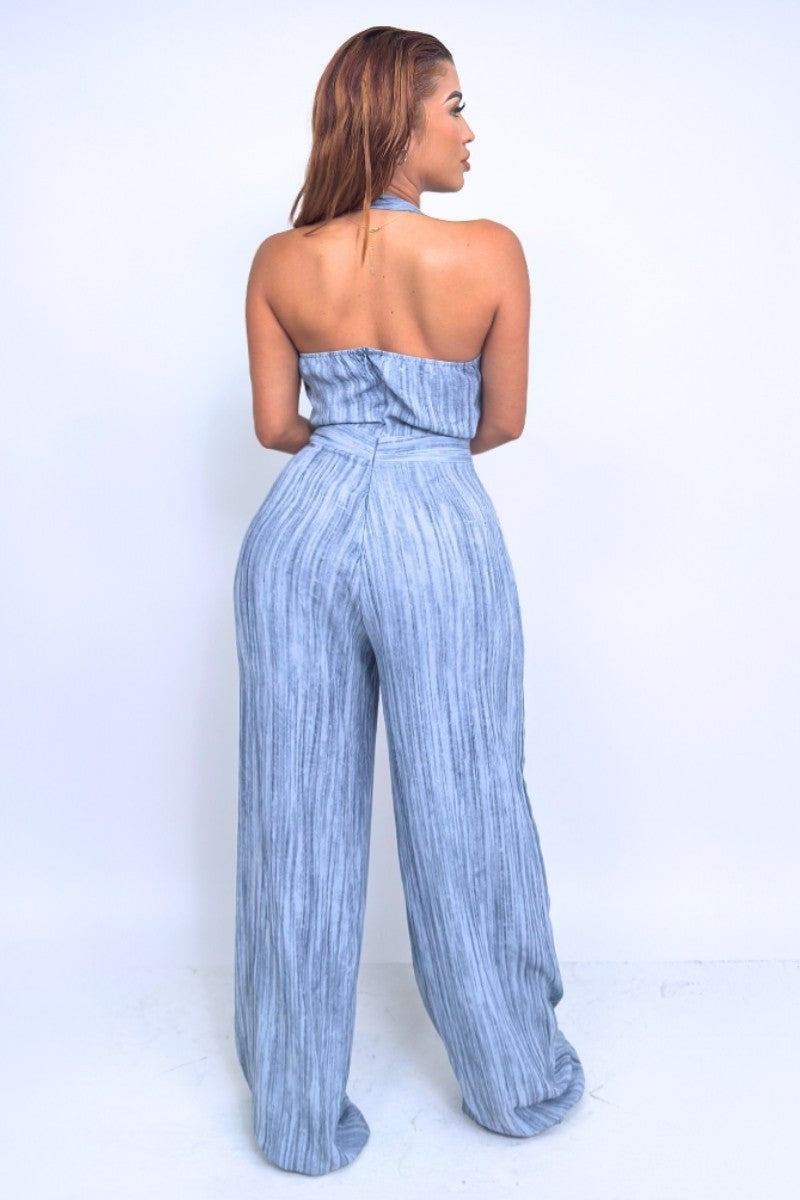Athina Retail Skyline Pleated Halter Jumpsuit – Slate Blue view 5 - Blue Jumpsuit (one-piece)