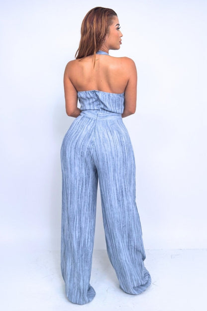 Athina Retail Skyline Pleated Halter Jumpsuit – Slate Blue view 5 - Blue Jumpsuit (one-piece)