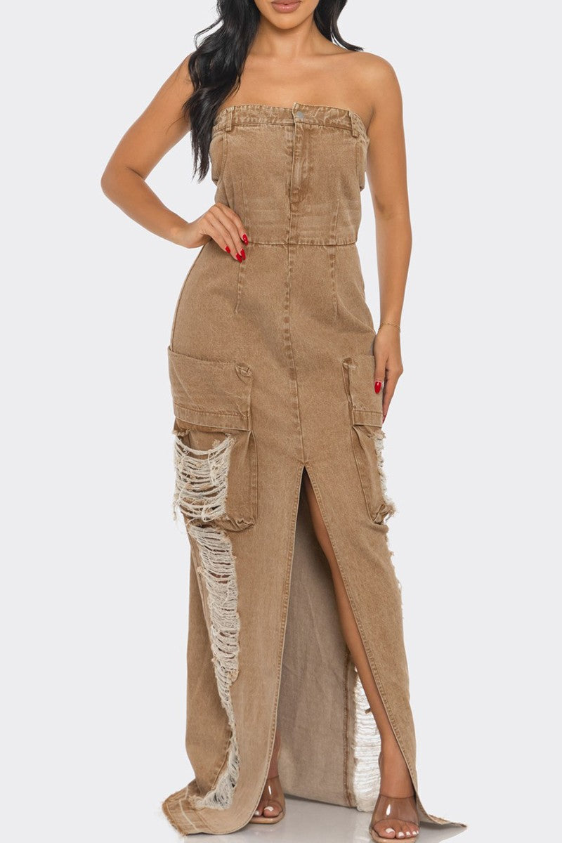 Athina Retail Vintage Washed Distressed Cargo Maxi Dress in S - Vintage Washed Clothes