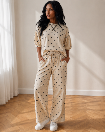 Avery Polka Dot Elastic Waist Casual Pants Set in Beige - Comfort Stretch - Pol Pants Set (bottom)