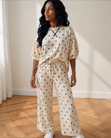 Avery Polka Dot Elastic Waist Casual Pants Set in Beige view 2 - Comfort Stretch - Pol Pants Set (bottom)