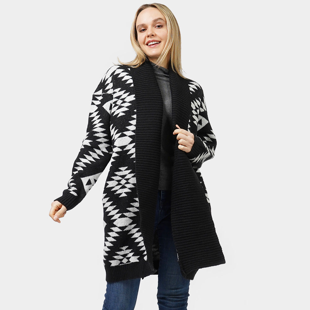 Aztec Patterned Sweater Cardigan in Black - Aztec Pattern Sweater Women (top)