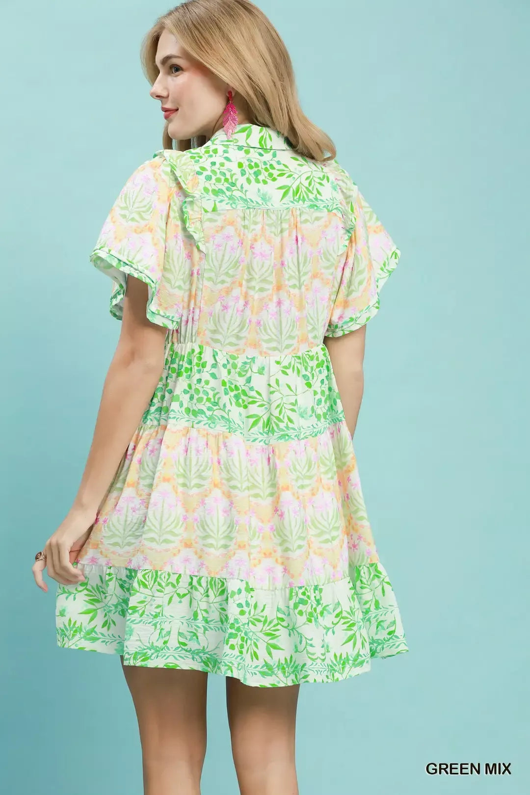 umgee mixed floral Umgee Mixed Floral Tiered Mini Dress with Flutter Sleeves view 4 (dress) - shop at us.meeeshop