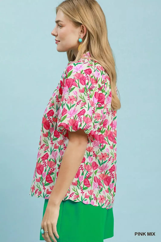 umgee floral puff Umgee Floral Puff Sleeve Blouse with Scalloped Details view 2 (top) - shop at us.meeeshop