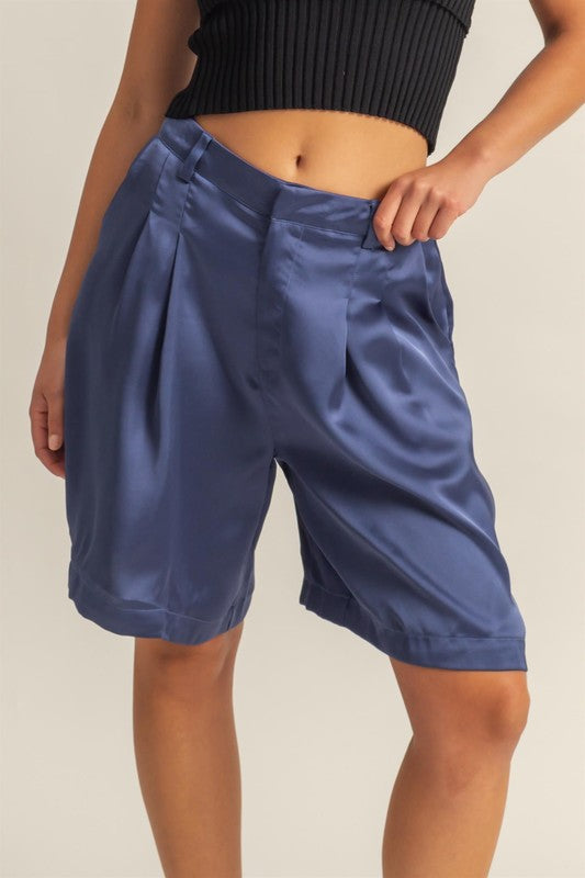 HYFVE High-Waist Pleated Satin Shorts in Dusty Blue - us.meeeshop