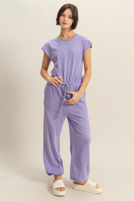 HYFVE Back Keyhole Round Neck Cap Sleeve Drawstring Jumpsuit in Lavender - us.meeeshop