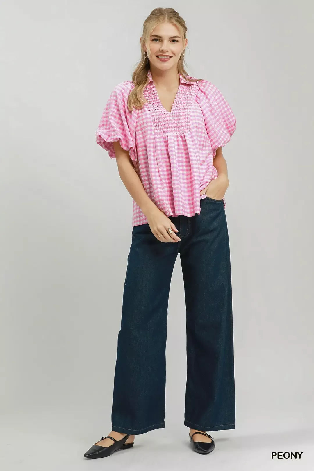 umgee smocked yoke Umgee Smocked Yoke Puff Sleeve Gingham Blouse view 4 (top) - shop at us.meeeshop