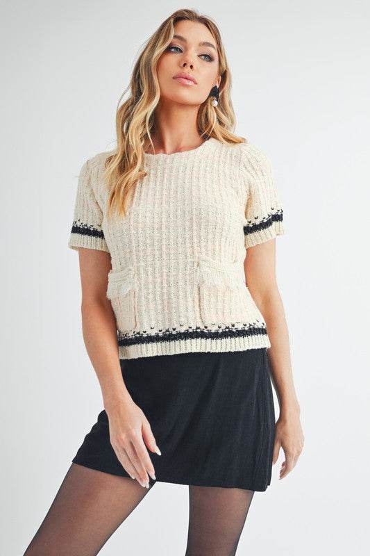 Aemi + Co Round Neck Short Sleeve Tweed Sweater - us.meeeshop