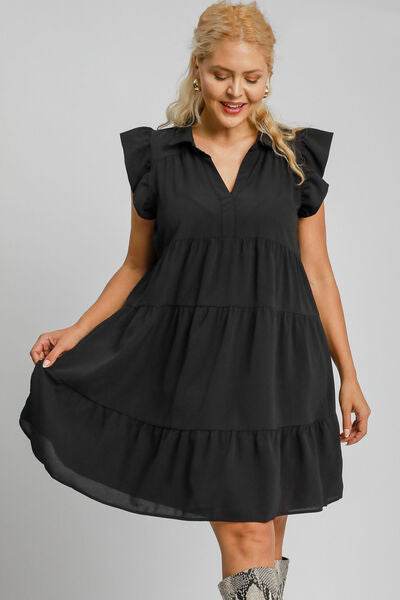 Umgee Johnny Collar Ruffle Cap Sleeve Tiered Dress Plus Size - us.meeeshop