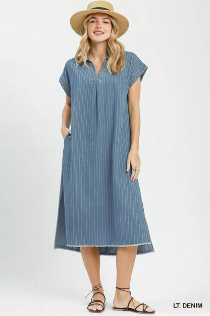 umgee pinstripe denim Umgee Pinstripe Denim Collared Midi Dress with Side Slits LT. DENIM (dress) - shop at us.meeeshop