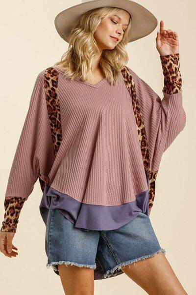 Umgee Leopard High-Low Dolman Sleeve Waffle Knit Top Plus Size - us.meeeshop