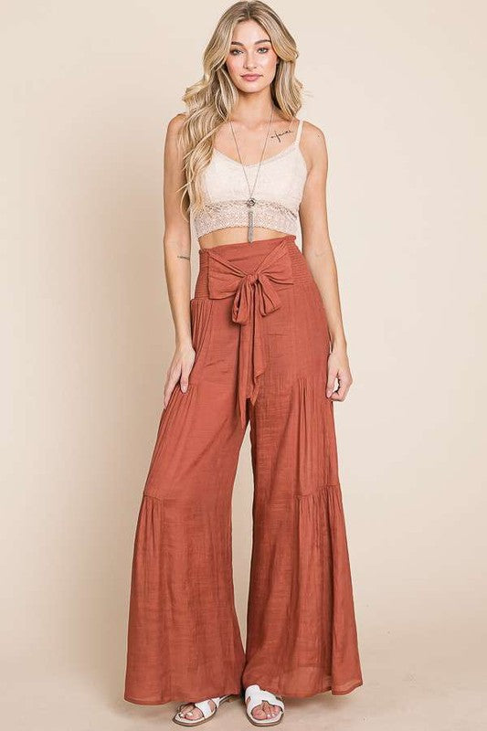 Tie Front Ruched Waist Back Pants (women's pants) view 2 - shop at us.meeeshop