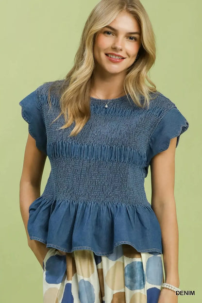 umgee smocked peplum Umgee Smocked Peplum Top with Scalloped Ruffle Cap Sleeves DENIM (top) - shop at us.meeeshop