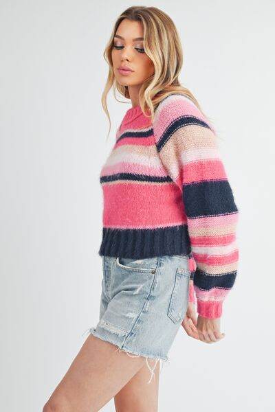 Aemi + Co Striped Ribbed Neckline Raglan Sleeve Sweater - us.meeeshop