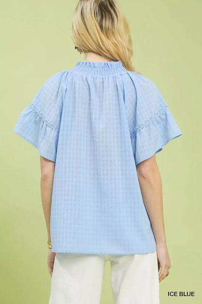 umgee gingham puff Umgee Gingham Puff Sleeve Top with Lace Trim view 3 (top) - shop at us.meeeshop