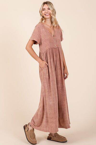 Mittoshop Mineral Wash Short Sleeve Flowy Wide Leg Jumpsuit - us.meeeshop