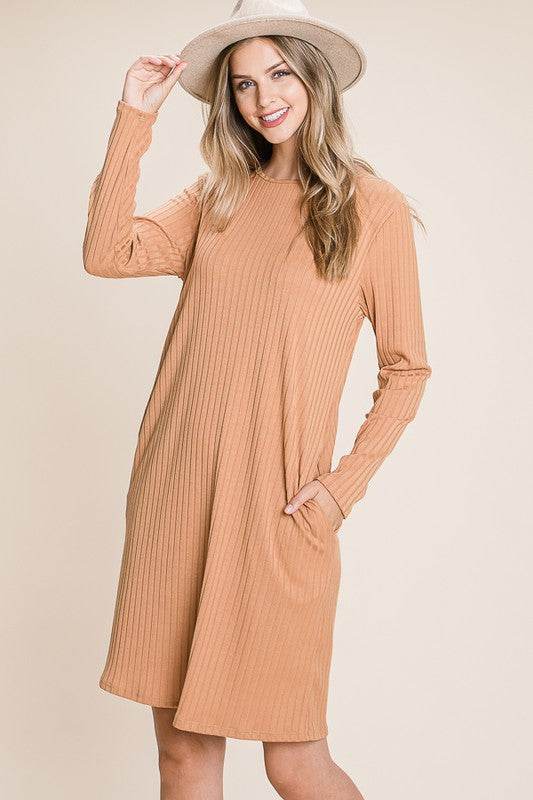 BOMBOM Round Neck Long Sleeve Ribbed Knit Dress - us.meeeshop