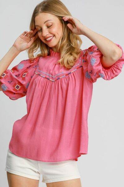 Umgee Embroidered Puff Sleeve Mock Neck Top Plus Size - us.meeeshop