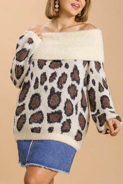 Umgee Leopard Off-Shoulder Long Sleeve Sweater Plus Size - us.meeeshop