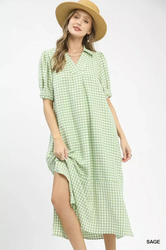 umgee gingham midi Umgee Gingham Midi Dress with Side Pockets SAGE (dress) - shop at us.meeeshop