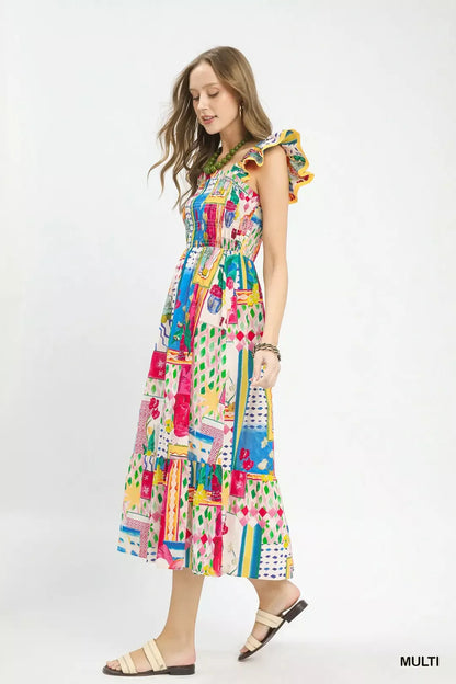 umgee abstract print Umgee Abstract Print Smocked Ruffle Sleeve Tiered Midi Dress view 3 (dress) - shop at us.meeeshop