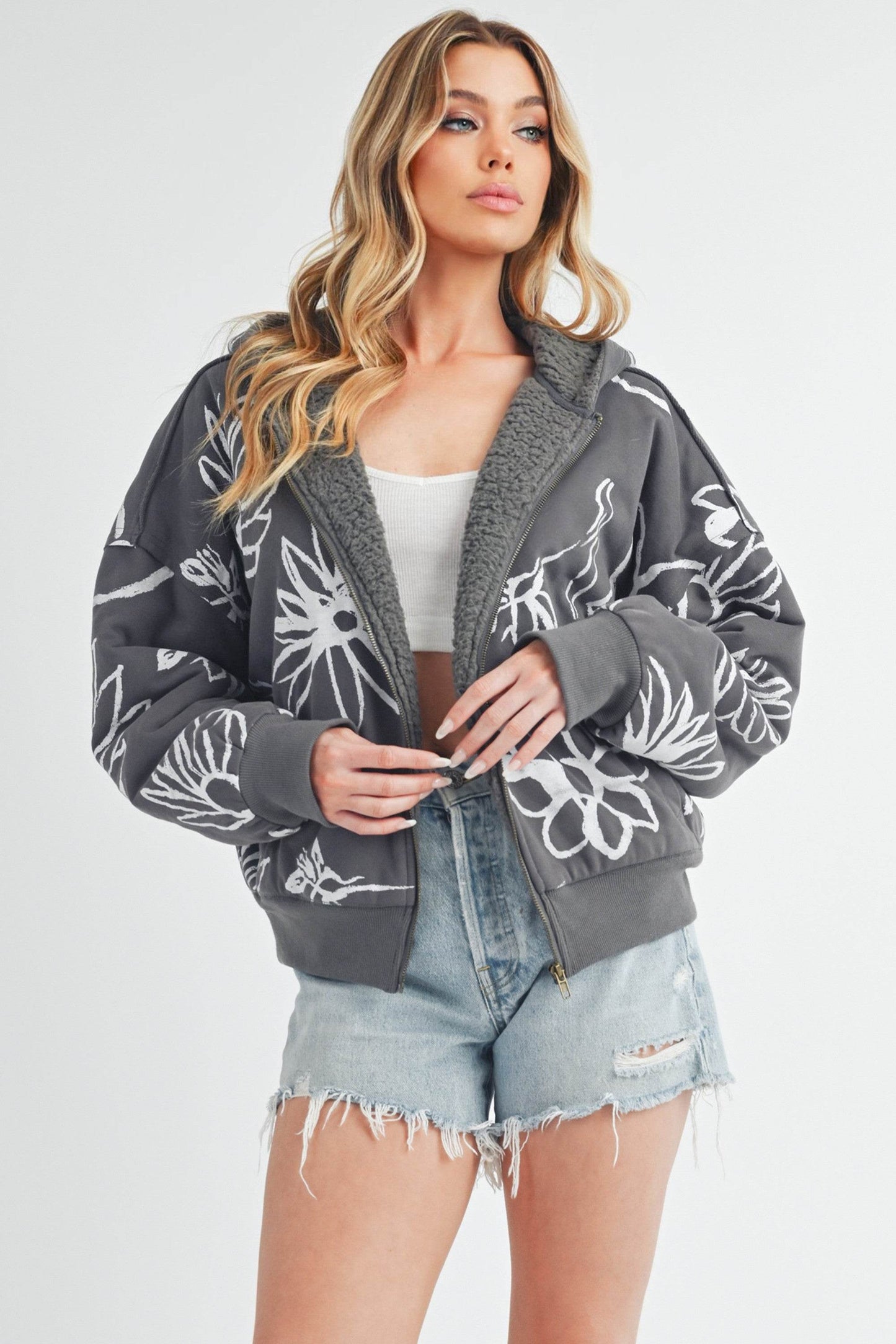 Aemi + Co Flower Print Zip Up Sherpa Hoodie - us.meeeshop