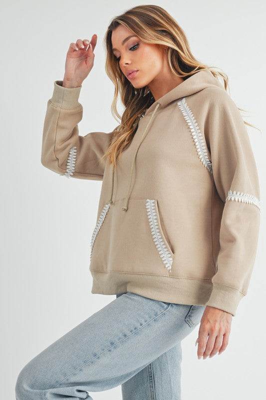 Aemi + Co Lace Detail Drawstring Hoodie with Kangaroo Pocket in Oatmeal - us.meeeshop