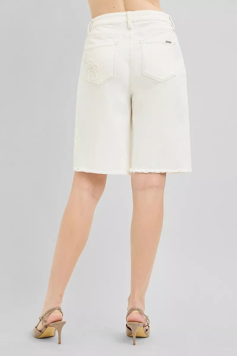 risen slouchy relaxed Risen Slouchy Relaxed Floral Embroidered Bermuda Denim Shorts view 3 (bottom) - shop at us.meeeshop